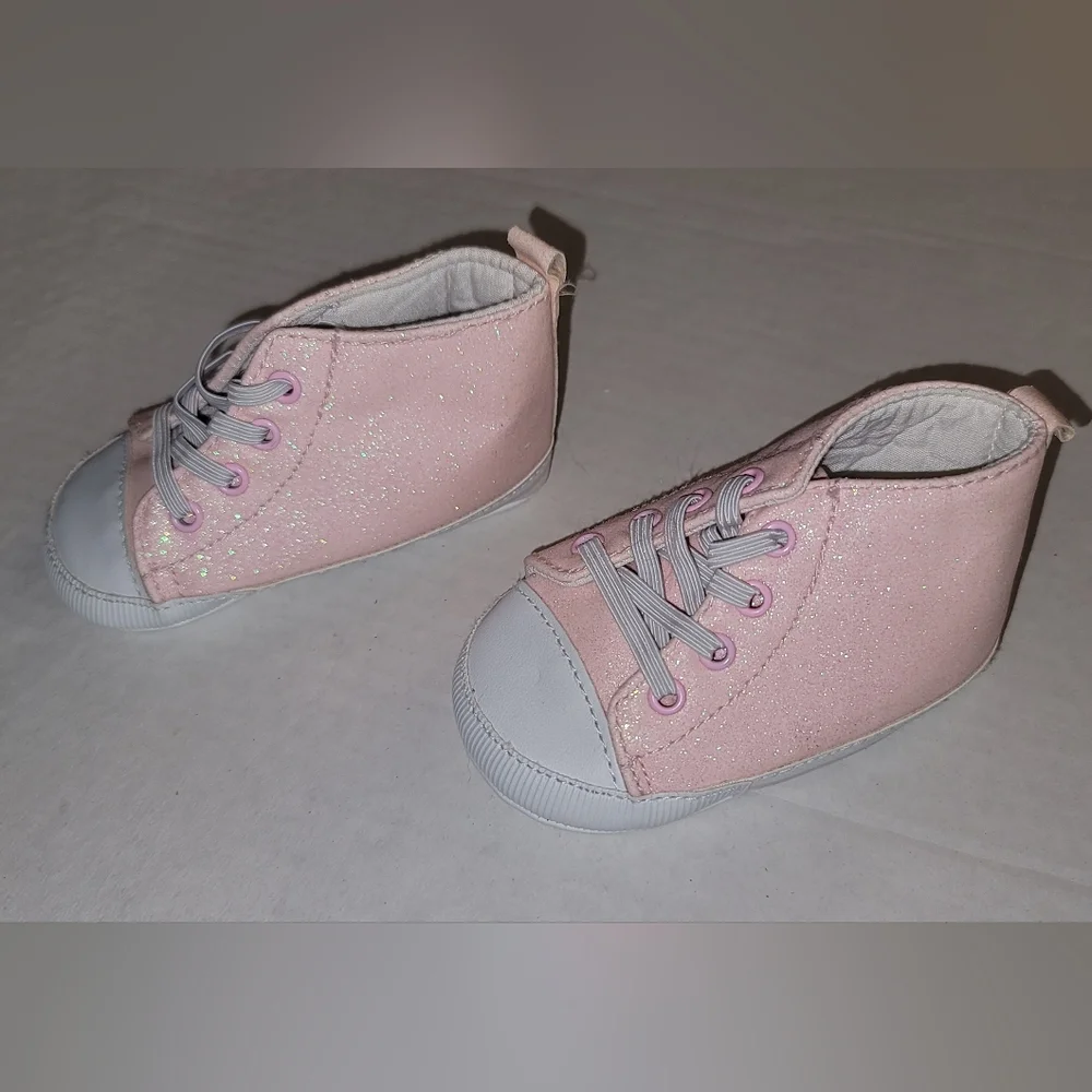 Baby crib shoes pink white Glitter sparkle elastic High Top Converse style